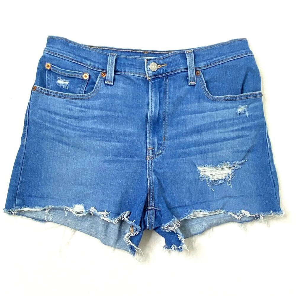 Levis High Rise Blue Jean Shorts Womens size 30 Distressed Raw Hem Booty